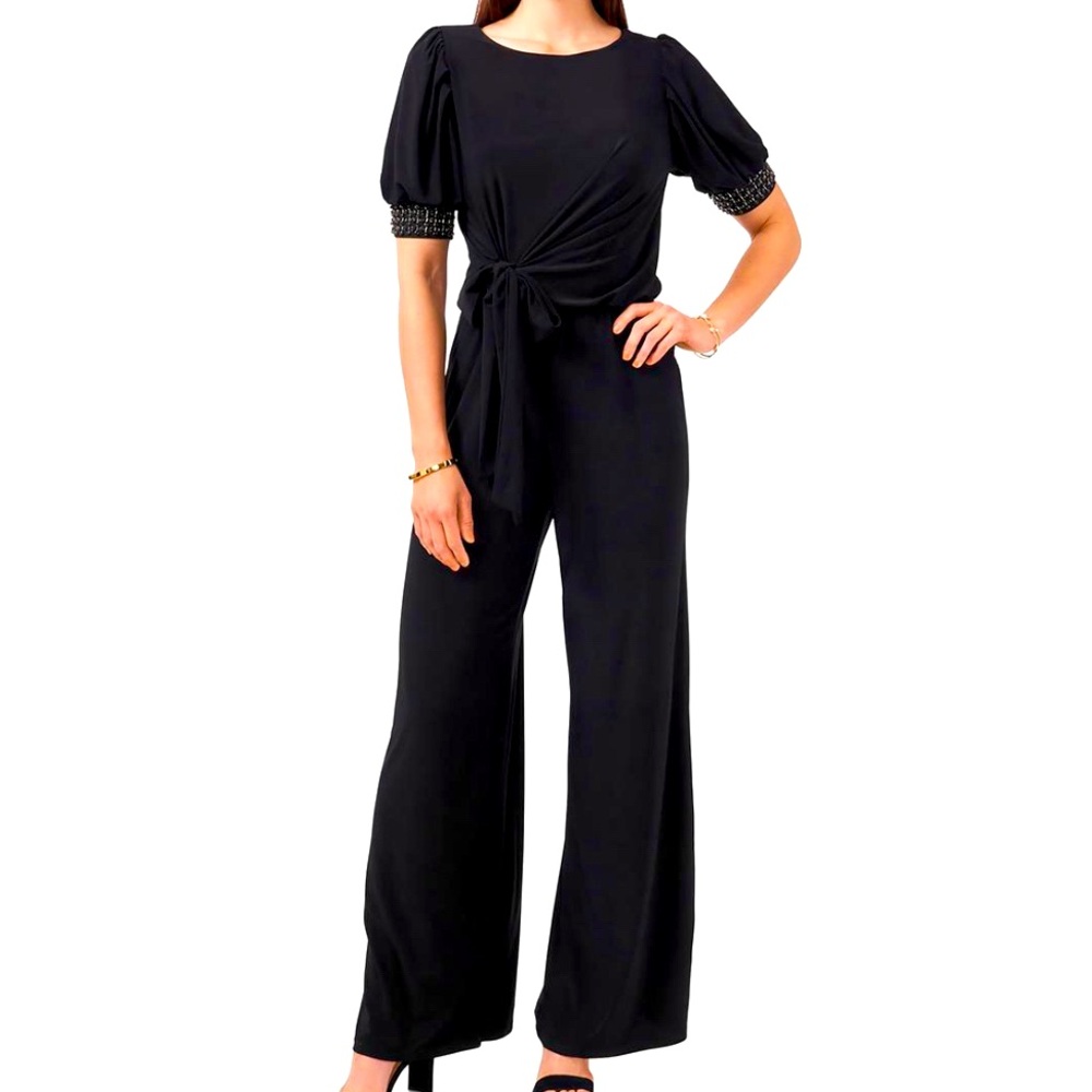 Embellished tie front jumpsuit.